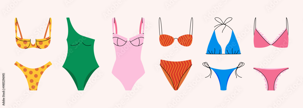 Swimwear set. Woman bikini swimsuit beachwear, summer bathing clothes, flat swim wear bra panties, cartoon fashion beach wear lingerie. Vector colorful swim suit collection Swimwear set. Woman bikini swimsuit beachwear, summer bathing clothes, flat swim wear bra panties, cartoon fashion beach wear lingerie. Vector colorful swim suit collection