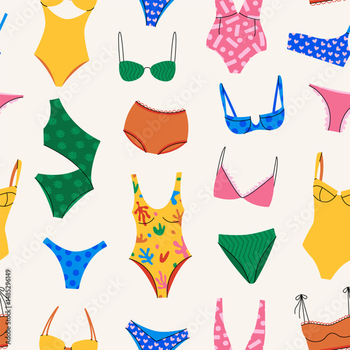 Swimwear pattern. Swimsuit seamless print, woman summer bikini underwear, fashion beachwear lingerie design for wrapping, fabric, textile. Vector swim wear lingerie texture