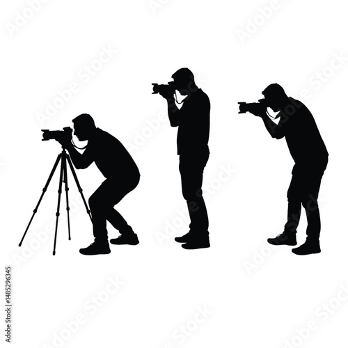 Set cameraman with video camera. Silhouettes on white background. illustration
