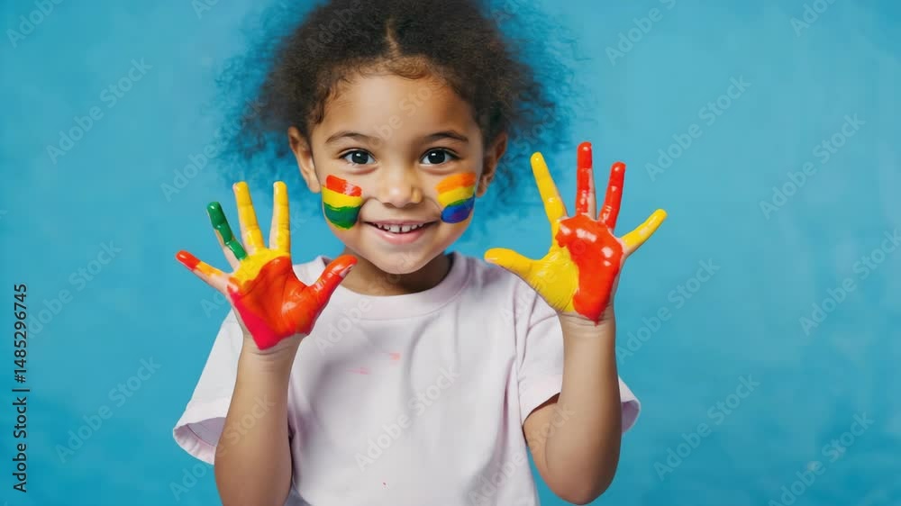 Happy child with painted hands and colorful face smiling and shouting with joy. Creative kids activity, fun and art expression on blue background. Concept of childhood, play and imagination