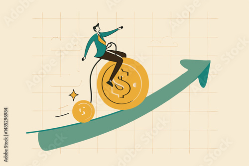 Financial or economy concept, currency exchange or mutual fund with US and EU economics, investing growth or foreign exchange, businessman riding bicycle with dollar and euro wheels up rising graph.