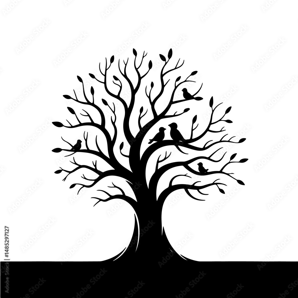 Obraz premium Simple Black Tree with Leaves – Isolated Illustration