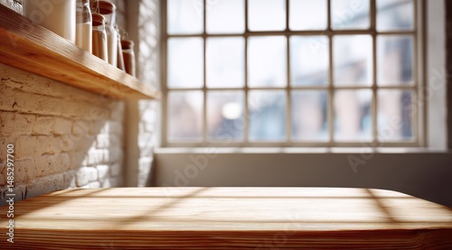 Empty wooden countertop in front of a window