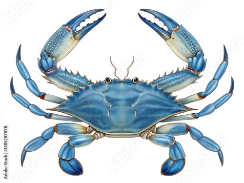 Blue crab isolated on white background. A blue crab with a blue shell and red claws.