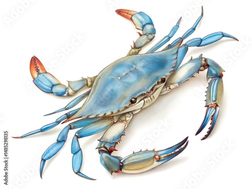 Blue crab isolated on white background. A blue crab with a blue shell and red claws.