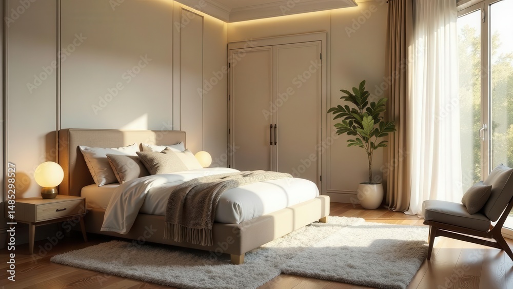 Fototapeta premium Serene Bedroom Interior Design Featuring a Neutral Color Palette and Natural Light