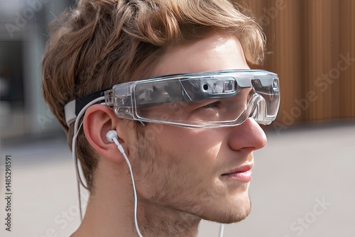 Blind person using AI powered wearable glasses with audio assistance, inclusive tech, real life use