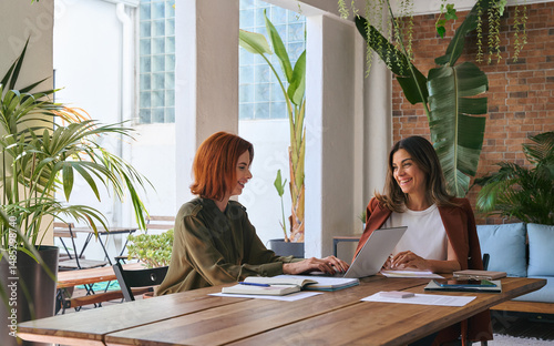 Two happy busy business women partners of young and middle age talking in green cozy office sitting at desk. Professional ladies workers or executives having conversation using laptop at work.
