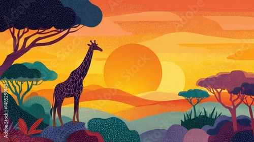 A vibrant landscape illustration of a giraffe at sunset.