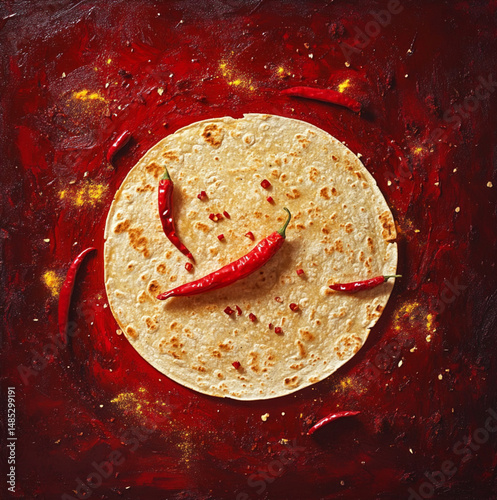 tortilla on a red background with chillies bursting behing it photo