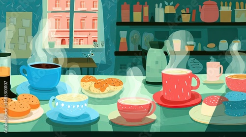 a cozy coffee shop scene with steaming drinks
