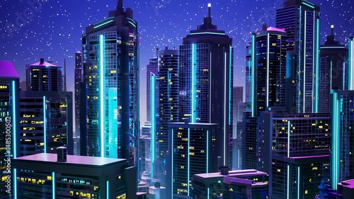 Neon Cityscape at Night: Futuristic Urban Skyline under a Starry Sky