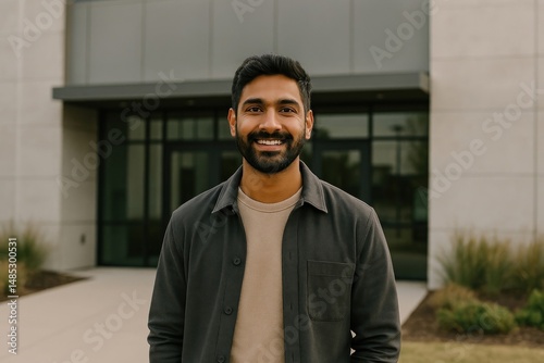 Smiling man outside modern building.