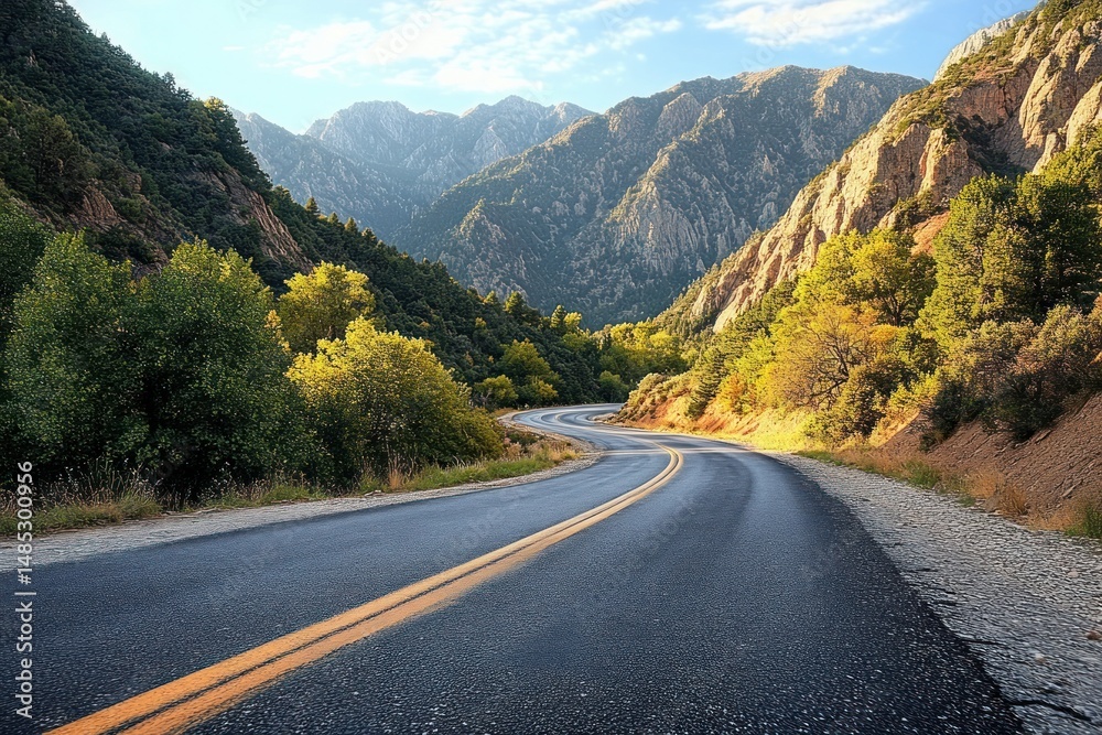 Fototapeta premium Curved road winding through lush green trees and rocky mountains under a bright blue sky with scattered clouds