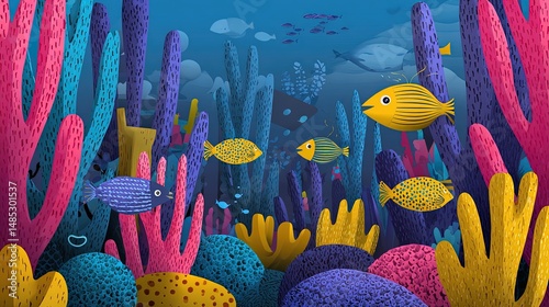 a whimsical underwater scene with coral reefs