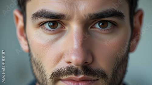 Close up portrait of a man's face with visible eye and facial hair details