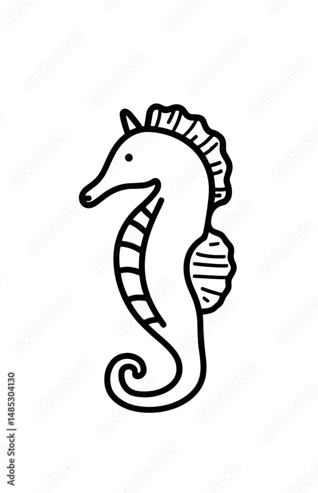 Naklejka premium Simple black and white vector illustration of a seahorse, perfect for nautical themes, marine life designs, and educational materials. Ideal for nature and ocean-inspired projects.