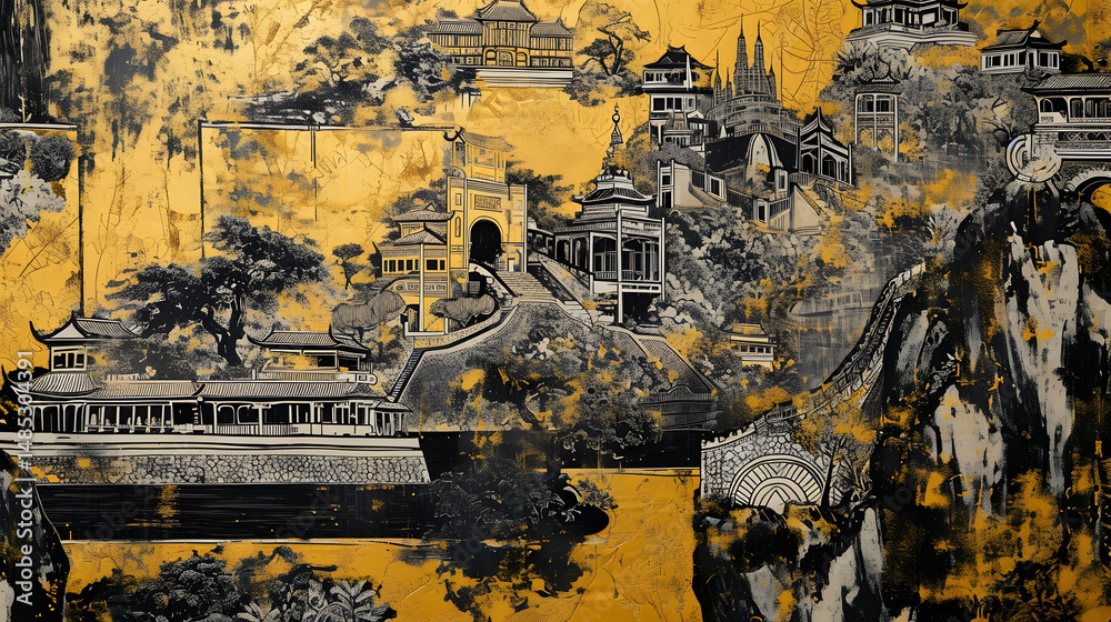 Fototapeta premium Gold black and white traditional city architecture art illustration abstract background decorative painting