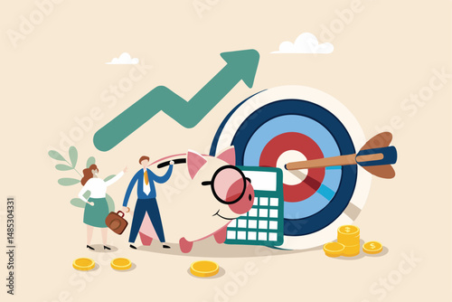 Family financial planning, saving or investment plan, money and wealth management, budget, debt and mortgage, pension fund concept, family people with piggy bank, calculator and financial target.