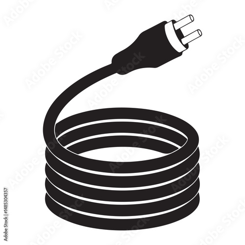 A coiled black electrical cable with a connector in a stylized illustration, Vector black silhouette. with white background