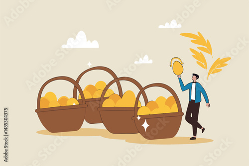 Diversification, investment portfolio strategy to reduce risk and maximize return, earning and profit, asset allocation concept, businessman holding golden eggs diversify by putting in many baskets.