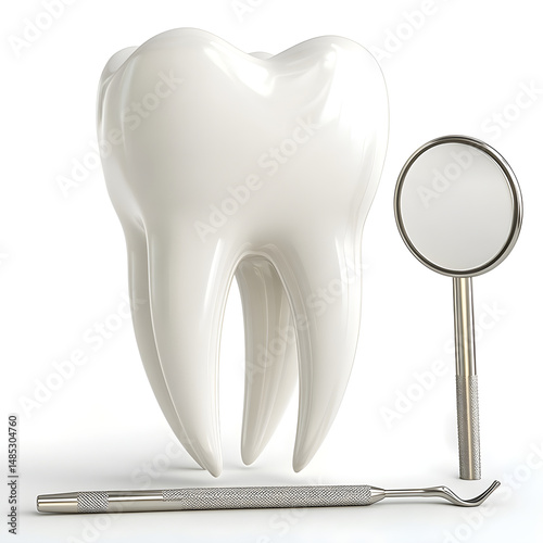 Healthy tooth with dental mirror and scaler representing oral hygiene
