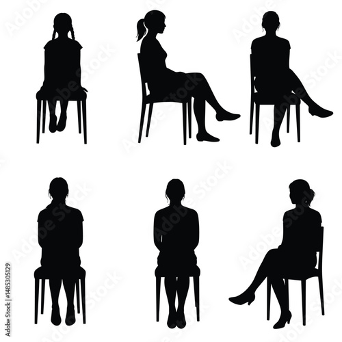 Set silhouette girl sitting on a chair white background