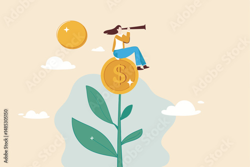 Investment or saving growth, growing wealth, financial and banking forecast, earning profit or grow income or mutual fund return concept, woman look through telescope on plant with money coin flower.