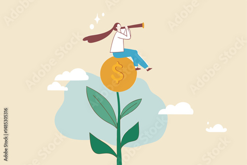 Investment or saving growth, growing wealth, financial and banking forecast, earning profit or grow income or mutual fund return concept, woman look through telescope on plant with money coin flower.