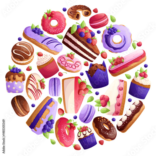 Set with delicious desserts in the shape of a circle on a white background. The concept of confectionery, bakery and cooking.