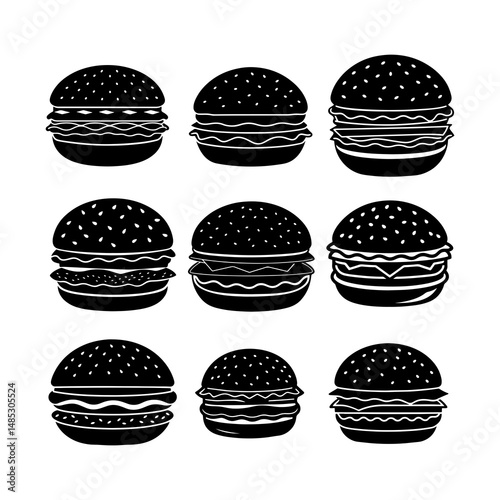 Variety of Burger Collection : A detailed collection of diverse, monochromatic burgers, inviting a sense of savory anticipation.