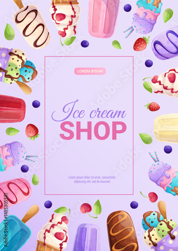 Bright design of the ice cream shop flyer. Different types of ice cream. The concept of summer, sweets. A4 vector illustration for posters, banners and advertisements