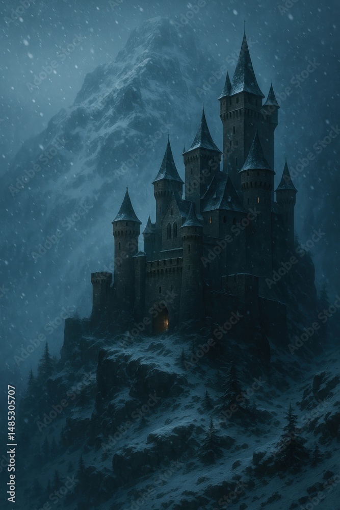Naklejka premium Mysterious castle amidst snowy mountains.