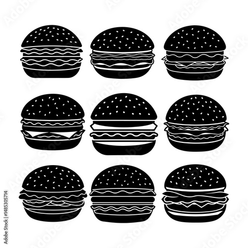 Artisanal Burger Collection: A stunning set of expertly crafted burgers, each bursting with flavor, creating a delectable visual feast for all the food lovers. Burger Vector Set isolated on 