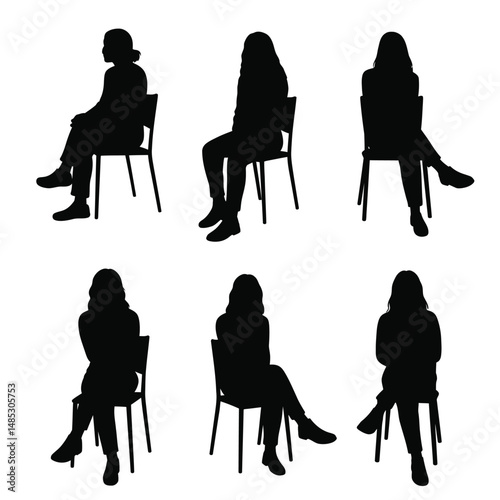 Set silhouette girl sitting on a chair white background