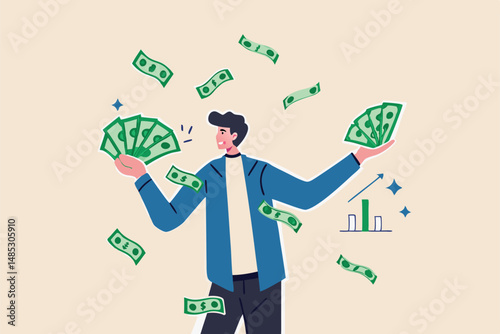 Earn money or make profit investing, easy cash or loan, investment professional or expert, wealth management or success investor concept, rich businessman hold pile of money banknote and growth chart.