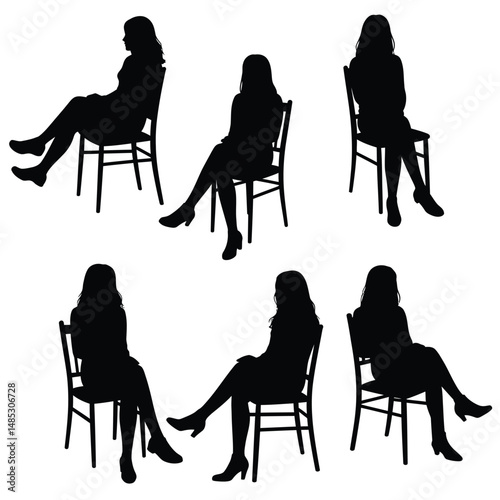 Set silhouette girl sitting on a chair white background