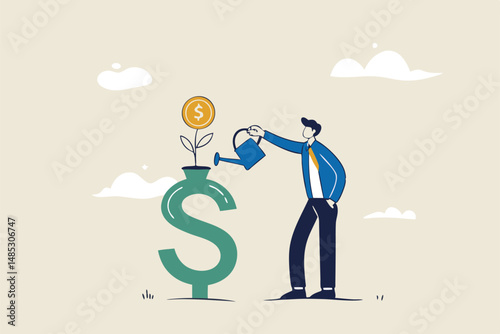 Money growth, growing investment profit or retirement pension fund, increase wealth and earning, income or revenue concept, businessman watering growing seedling with dollar money coin flower.