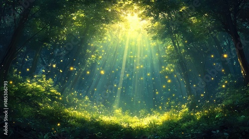 A serene forest scene illuminated by magical sunlight beams and shimmering fireflies dancing in a lush green setting