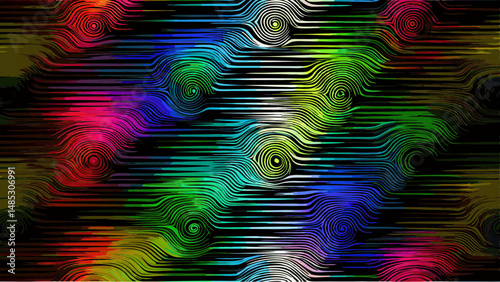 Abstract colorful lines with swirls on a black background creating a dynamic and vibrant pattern design