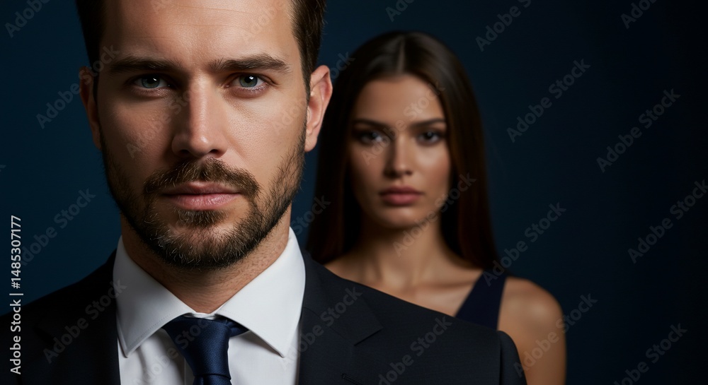 Intense man with woman in shadows Intense man with woman in shadows