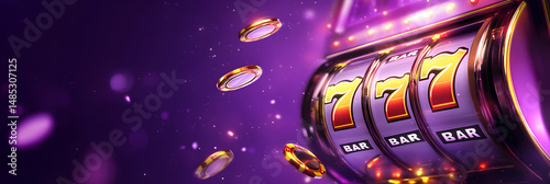Triple Seven Jackpot Celebration on Casino Slot Machine wide banner - purple background