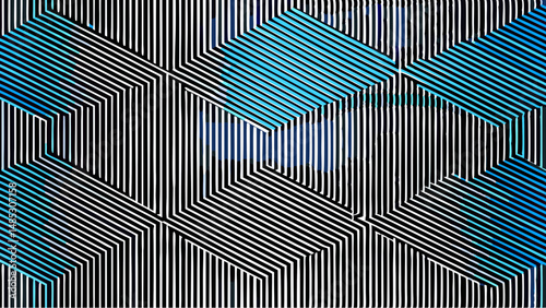 Abstract composition featuring black and white vertical lines with blue diagonal rectangles overlaying the lines