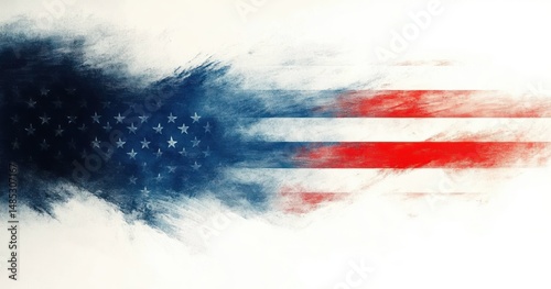 Abstract artistic representation of the American flag with blue stars and red and white stripes blending into a white background, evoking patriotism and dynamic motion