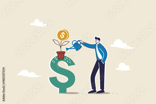 Money growth, growing investment profit or retirement pension fund, increase wealth and earning, income or revenue concept, businessman watering growing seedling with dollar money coin flower.
