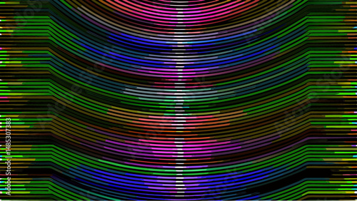 Abstract curved lines in green blue and pink with horizontal bands creating a textured background effect