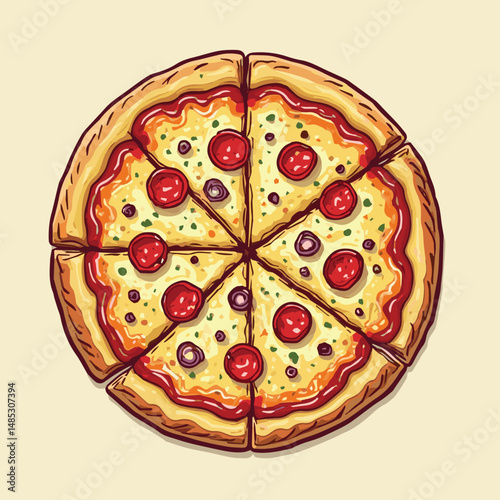 Pizza vector illustration — delicious Italian food concept featuring a hot, cheesy slice topped with pepperoni, tomato, mozzarella, and herbs like oregano. Perfectly baked with a crispy crust, 
