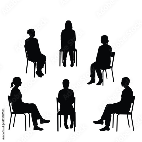 Set silhouette girl sitting on a chair white background