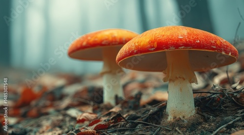 Two vibrant orange mushrooms in a misty forest photo