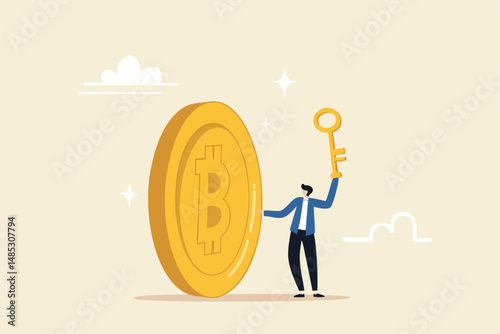 Private key or hardware wallet to store cryptocurrency or Bitcoin, security password or safety protection for crypto currency concept, confidence businessman investor holding private key with Bitcoin.